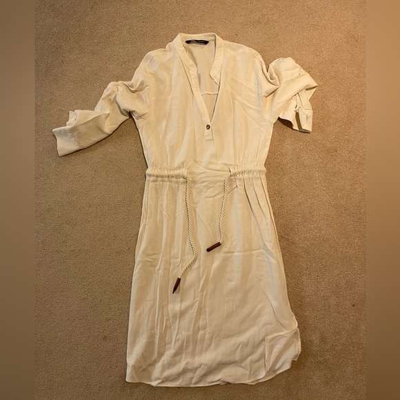 Zara Dresses & Skirts - White linen midi dress from Zara with rope tie-waist in size medium